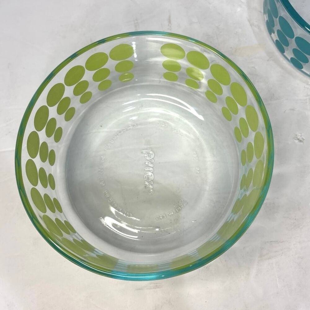 PYREX 100TH ANNIVERSARY 1915 LIME AND AQUA DOT GLASS STORAGE BOWLS-Set of 2 - Picture 4 of 9